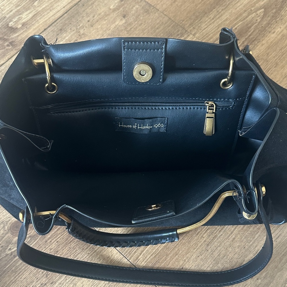 House of Harlow 1960 Black Suede Tote with Gold Hardware - Picture 3 of 4